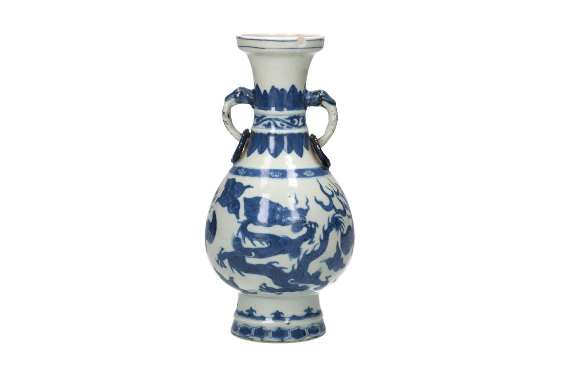 A blue and white porcelain vase, with two handles with rings in the shape of animals and a - Image 7 of 7