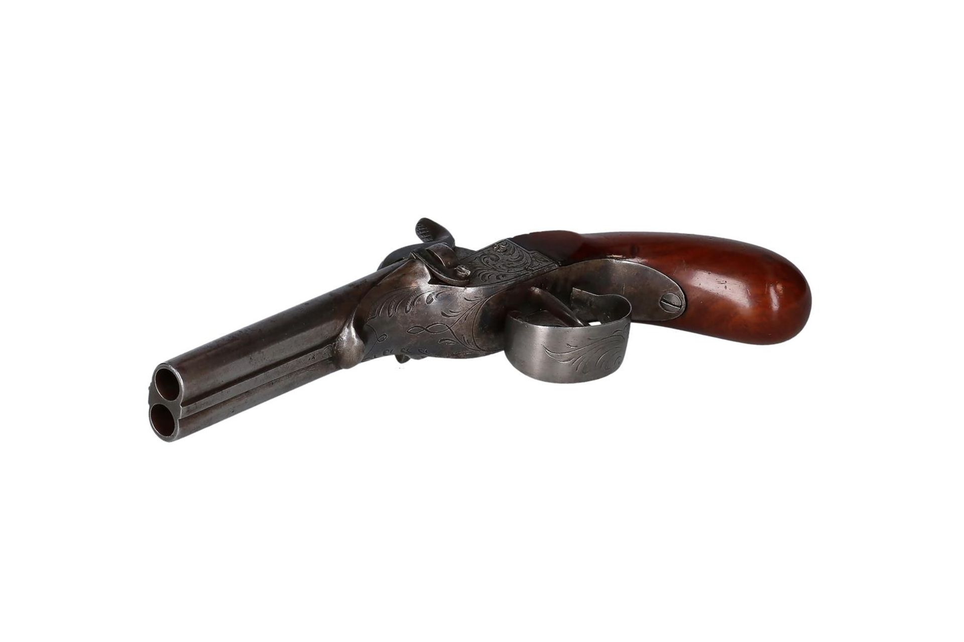 A pinfire side by side double barreled pistol. Boxlock frame with large size scroll engraving. - Image 3 of 9