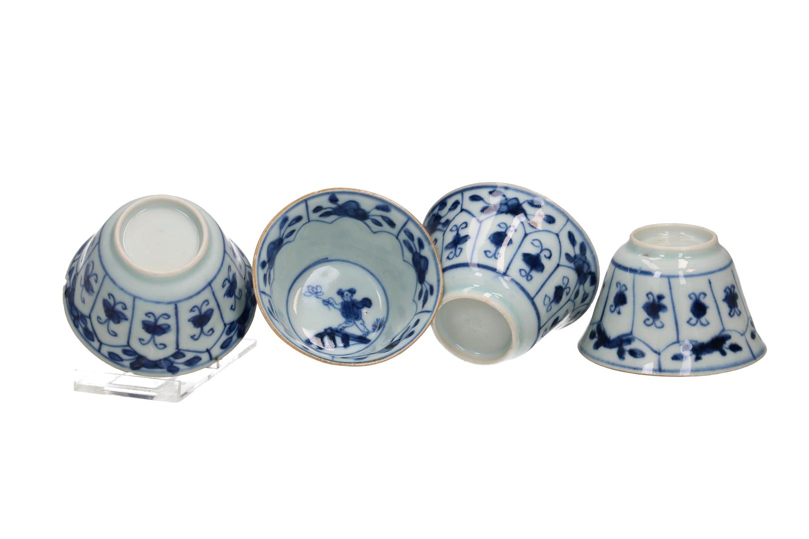 A set of nine blue and white porcelain cups and saucers decorated with a little boy with a blossom - Image 3 of 8