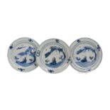 A set of three blue and white, Ko-sometsuke, porcelain dishes, decorated with a landscape and a