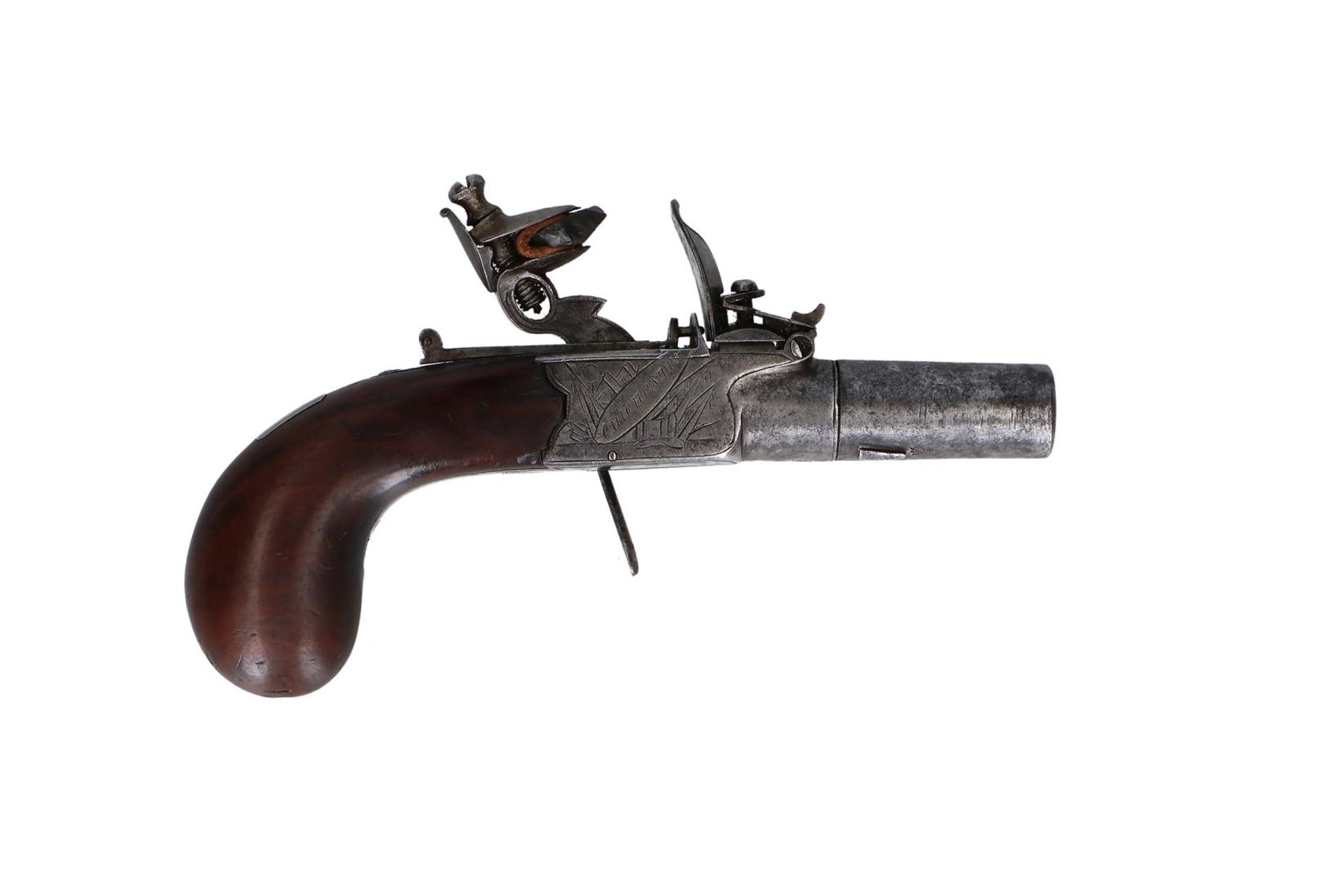 A boxlock flintlock pocket pistol with screw off barrel. Signed Champion on left side of the frame