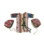 A set of Chintz, woodblock printed baby clothes consisting of a jacket and two hats. The