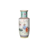 A famille rose porcelain rouleau vase, decorated with figures in a garden and characters. Marked