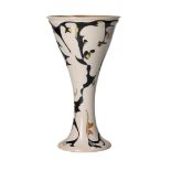 'Spichtig', a diabolo shaped glazed earthenware vase. Decorated with a whimsical design in yellow,