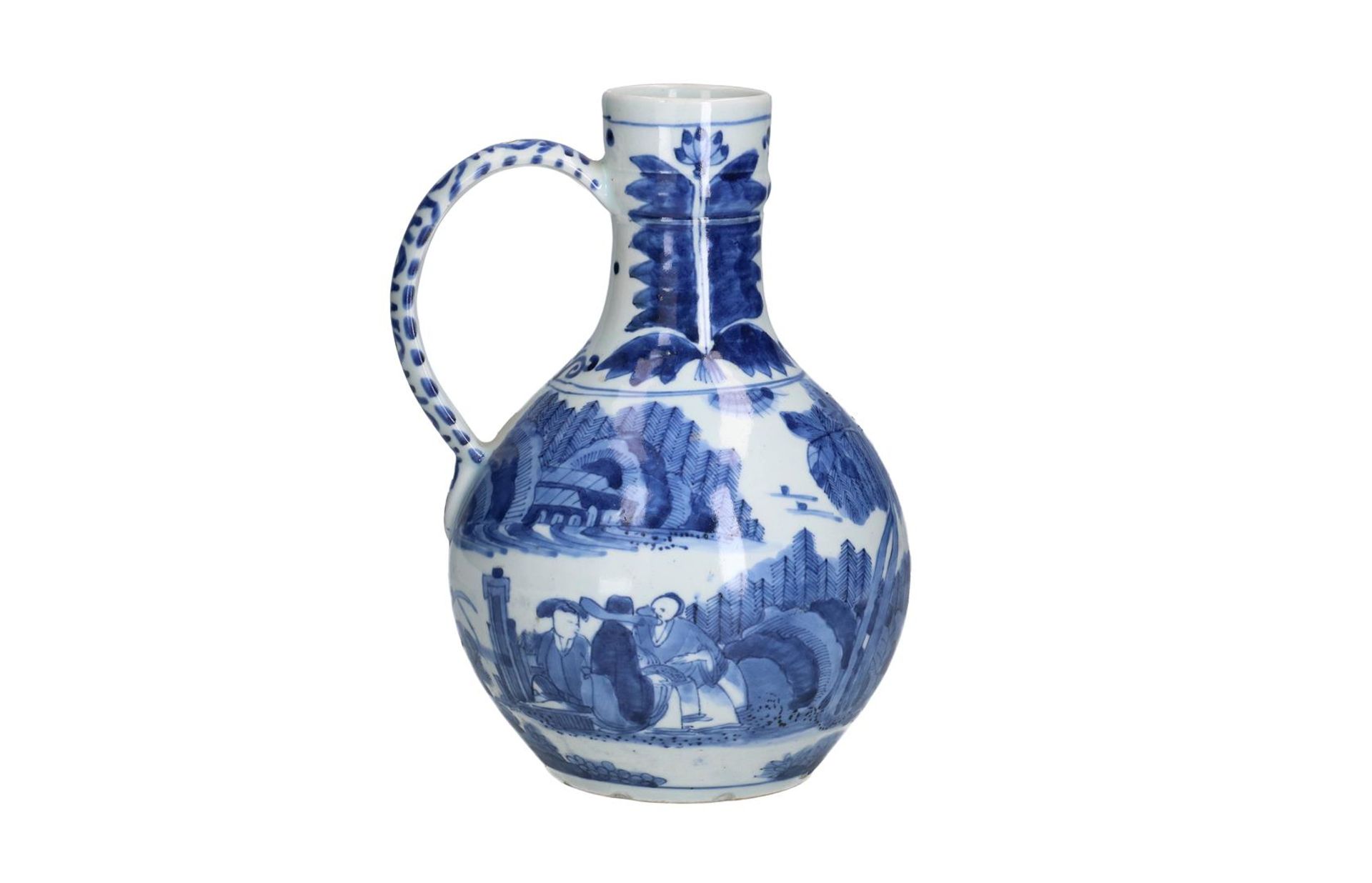 A pair of blue and white porcelain jugs with handle, decorated with figures on the waterfront. - Image 11 of 11