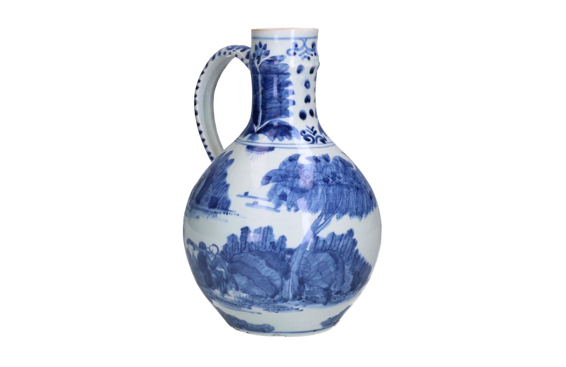 A pair of blue and white porcelain jugs with handle, decorated with figures on the waterfront. - Image 7 of 11