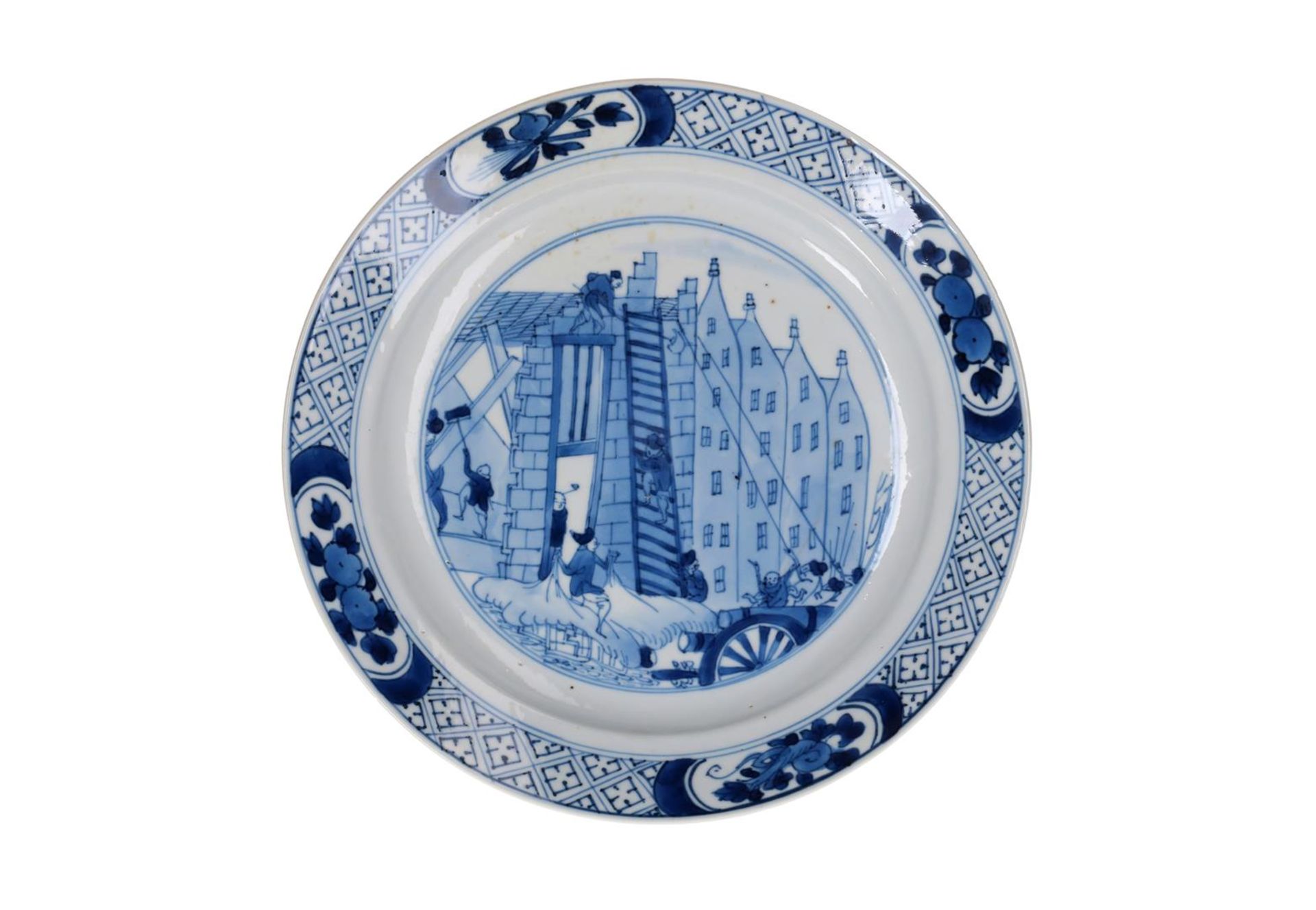 A blue and white porcelain plate with an image of the 'revolt of Rotterdam', Marked with 6-character