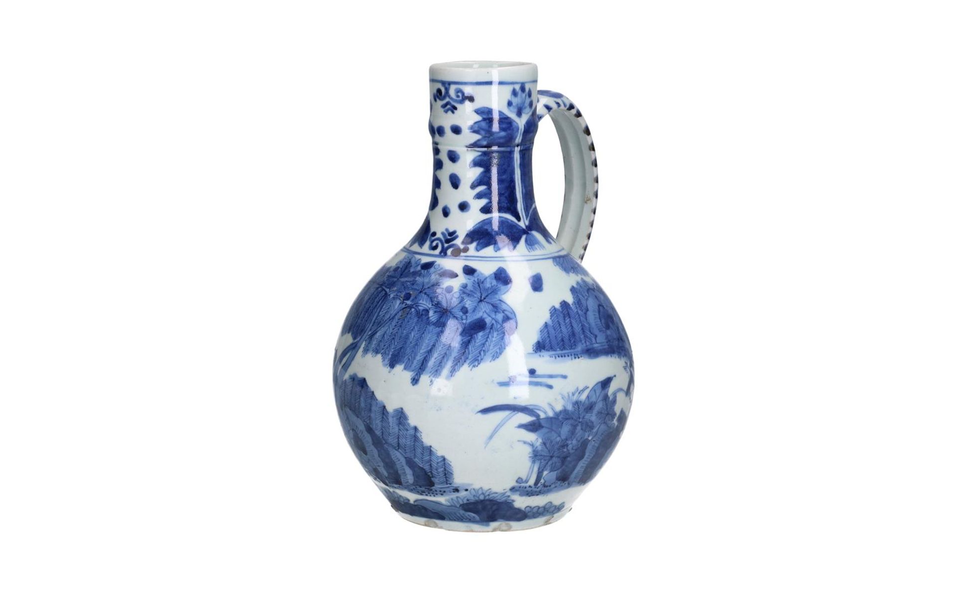 A pair of blue and white porcelain jugs with handle, decorated with figures on the waterfront. - Image 10 of 11