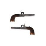 A pair of percussion boxlock pocket pistols with rounded engraved frames. Frame signed with RS Clark