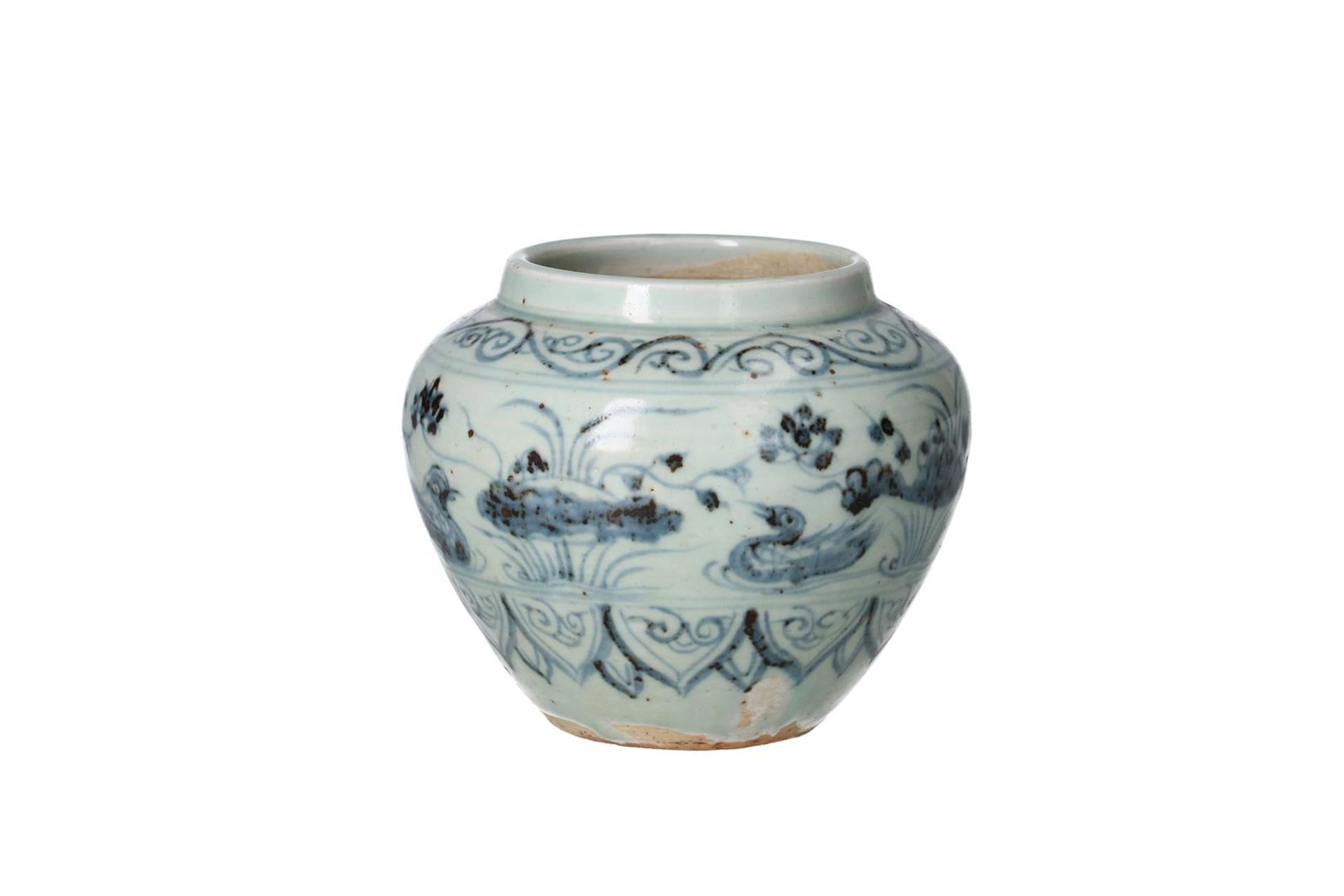 A blue and white porcelain jar, decorated with mandarin ducks and water plants. Unmarked. China, - Image 3 of 6