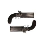 A pair of percussion double barreled over and under belt pistols of large bore. Boxlock frame with