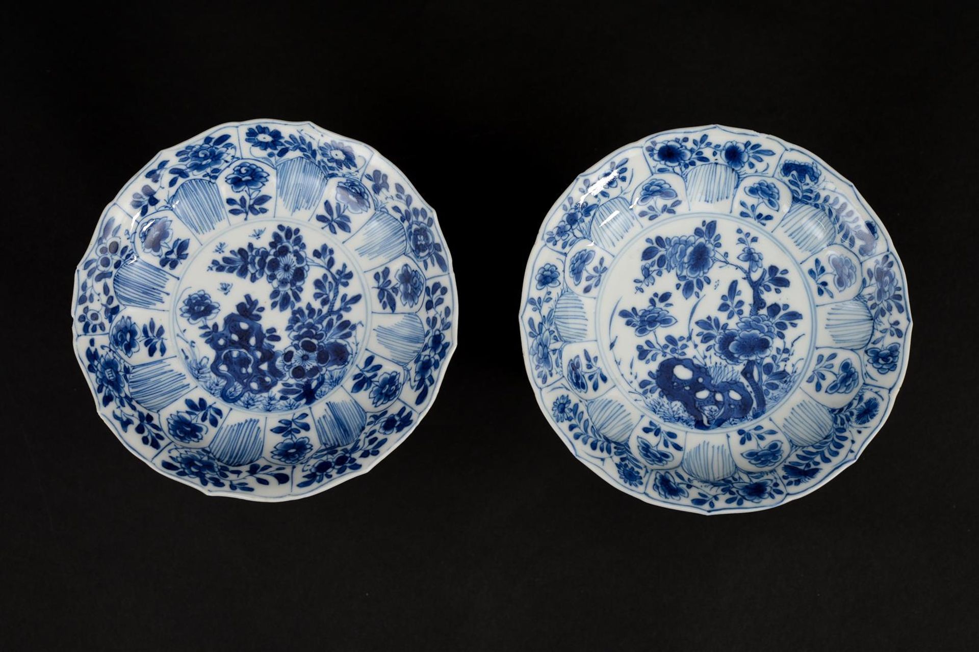 A set of six blue and white porcelain cups and saucers with a decoration of lotus in relief and a - Image 2 of 8