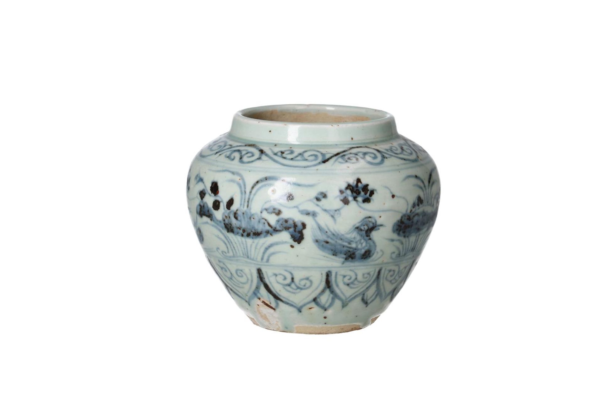 A blue and white porcelain jar, decorated with mandarin ducks and water plants. Unmarked. China, - Image 2 of 6