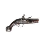 A flintlock pocket pistol with sidelock and styling of a holster pistol. Flat lock plate signed N: