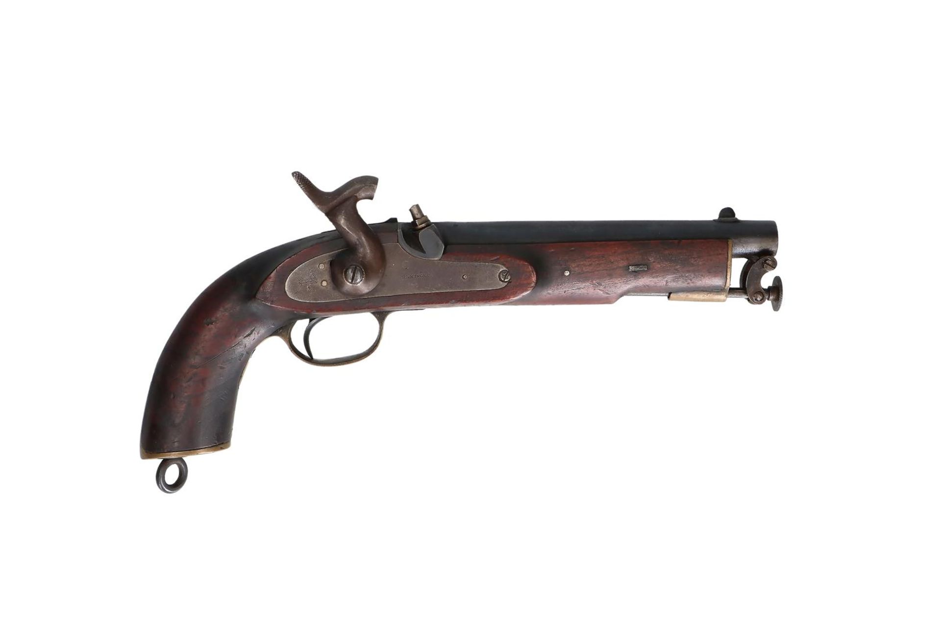A military percussion pistol, naval or coast guard. Sidelock marked with Birmingham, crown, and