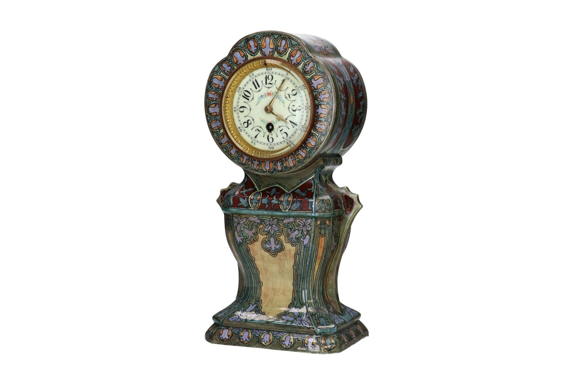 A polychrome ceramic mantel clock, decorated with flowers. Marked. Holland, Utrecht, around 1910. H. - Image 2 of 5