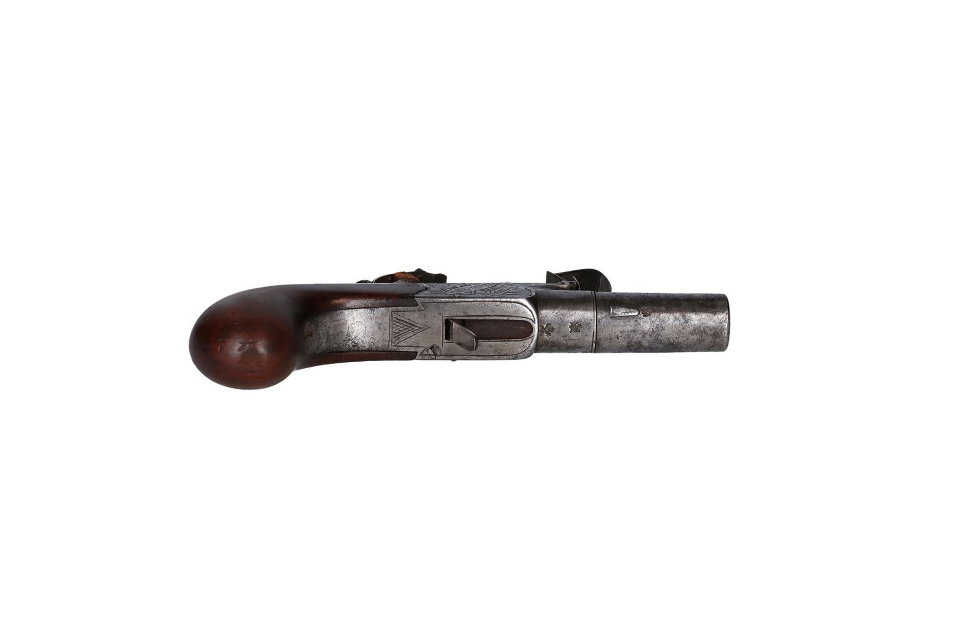 A boxlock flintlock pocket pistol with screw off barrel. Signed Champion on left side of the frame - Image 5 of 9