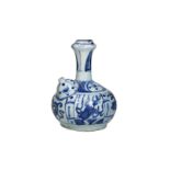 A blue and white porcelain kendi with a geometric decoration and flying horses. Unmarked. China,