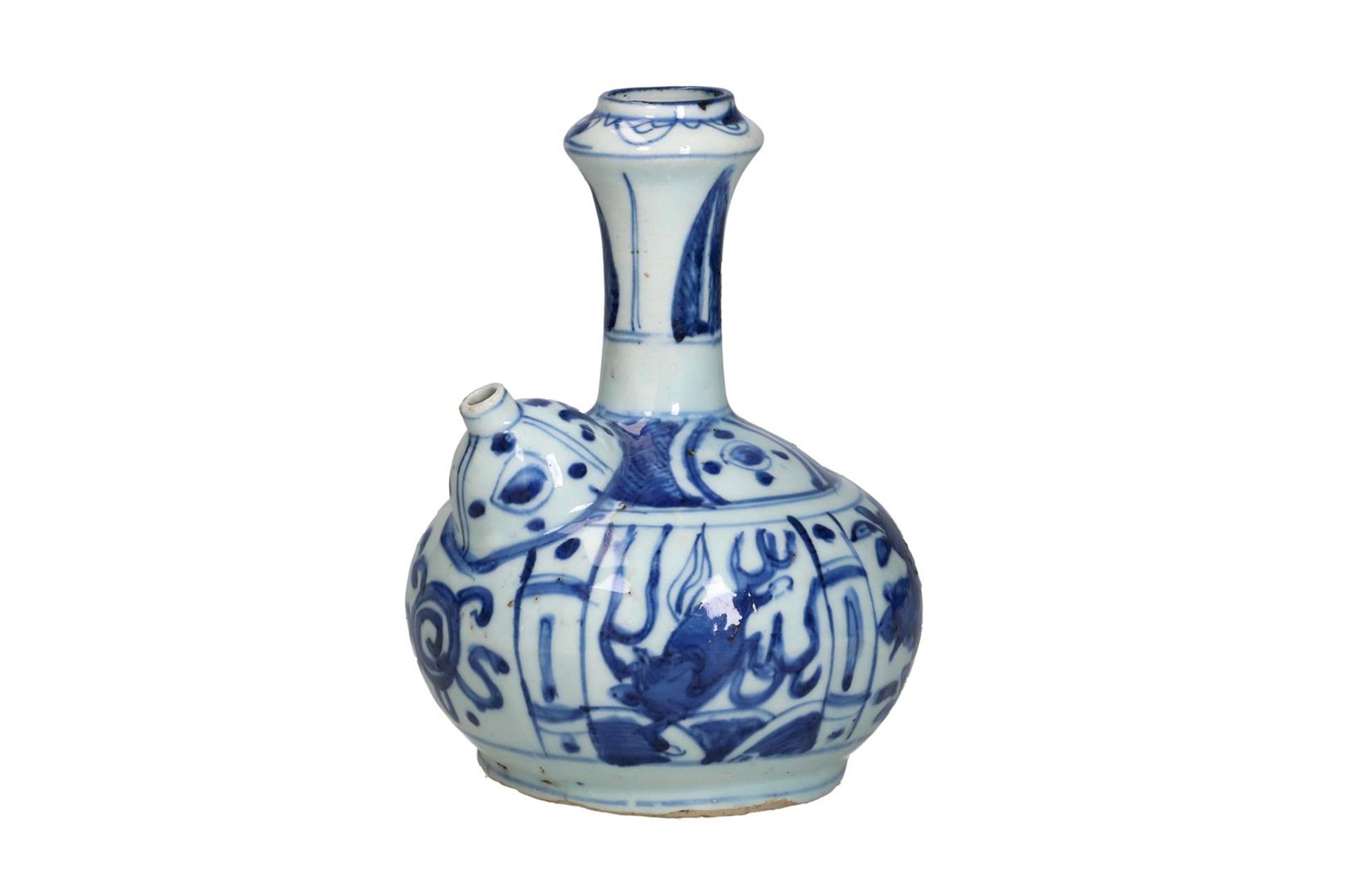 A blue and white porcelain kendi with a geometric decoration and flying horses. Unmarked. China,
