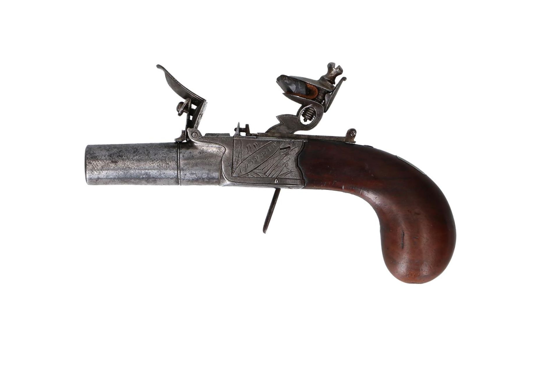 A boxlock flintlock pocket pistol with screw off barrel. Signed Champion on left side of the frame - Image 4 of 9