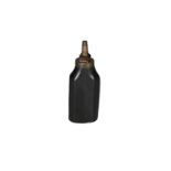 A powder flask flattened and octagonal shaped in black leather. Brass spout with steel spring and