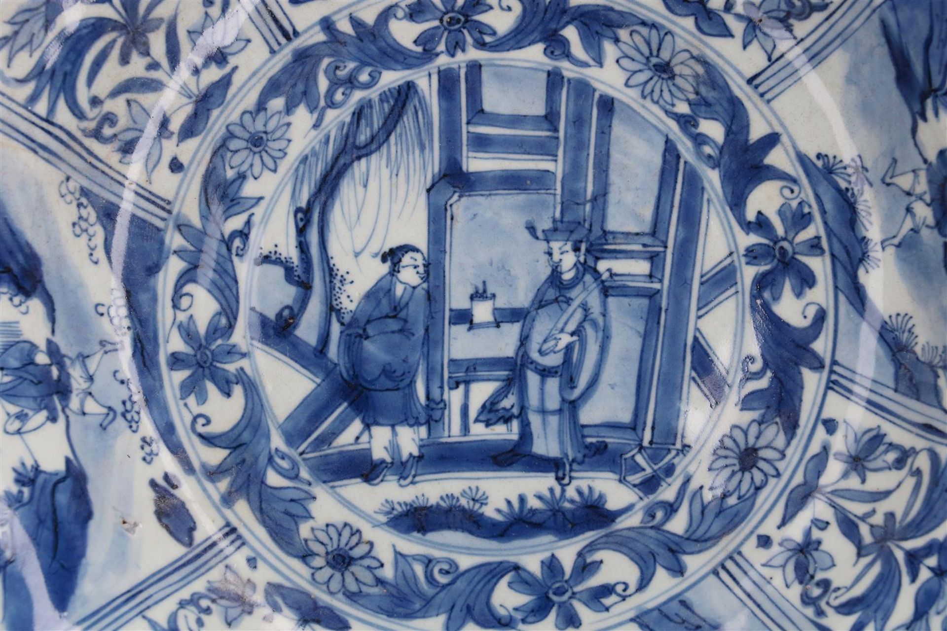 A blue and white porcelain deep dish, decorated with flowers and outdoor scenes. Unmarked. China, - Image 2 of 5