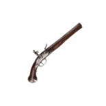 A military flintlock holster pistol. Unmarked. Rounded lock plate. Walnut stock with steel