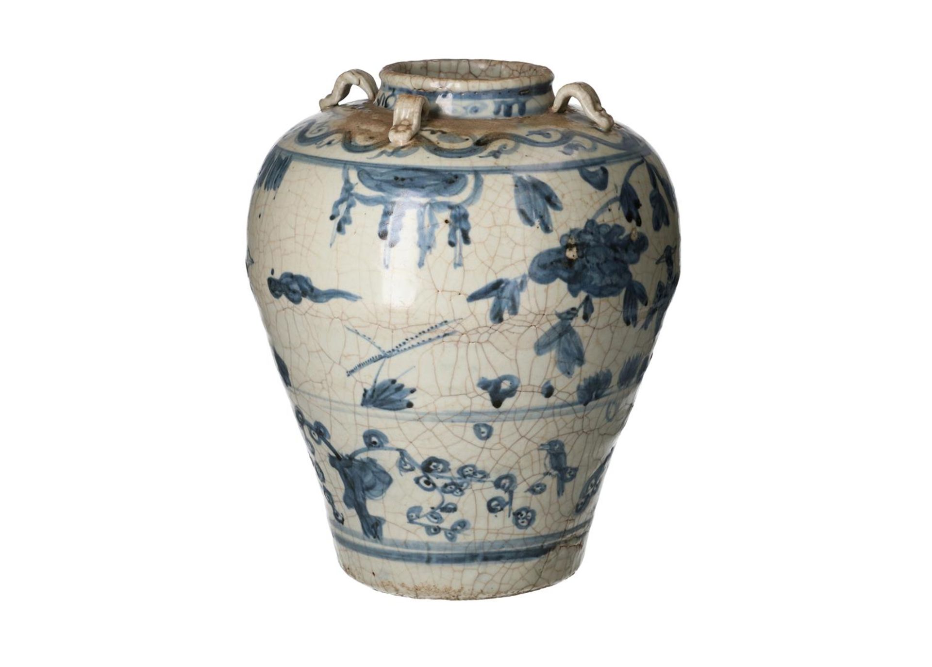 A blue and white Swatow porcelain martaban jar with four grips, decorated with flowers and - Image 2 of 6