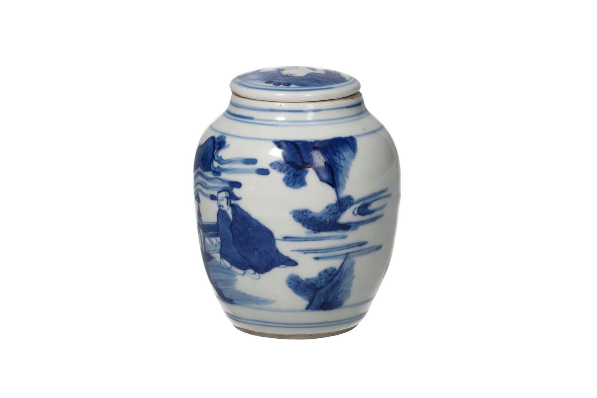 A blue and white porcelain jar with lid, decorated with a landscape with figures. Unmarked. China, - Image 6 of 6