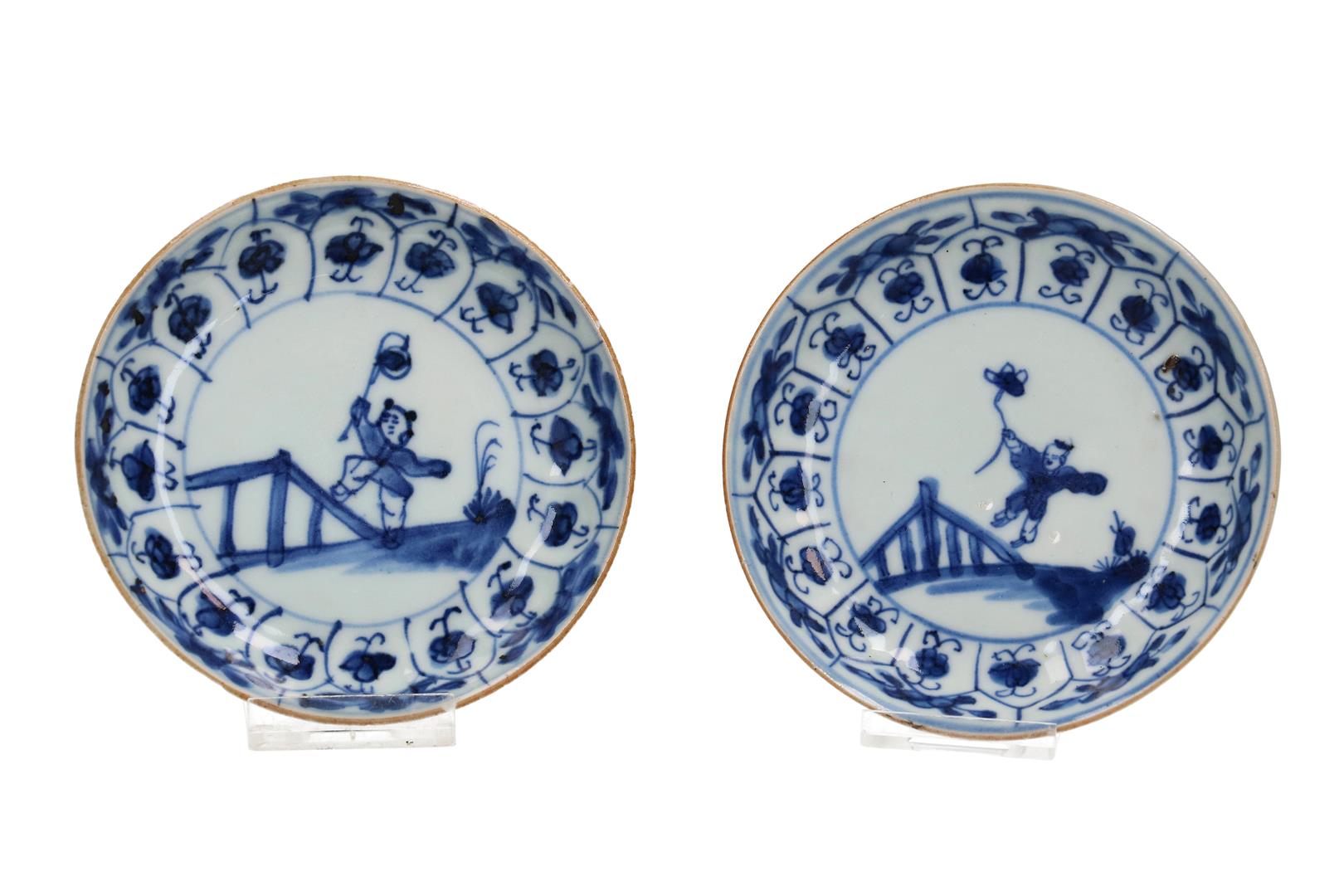 A set of nine blue and white porcelain cups and saucers decorated with a little boy with a blossom - Image 7 of 8