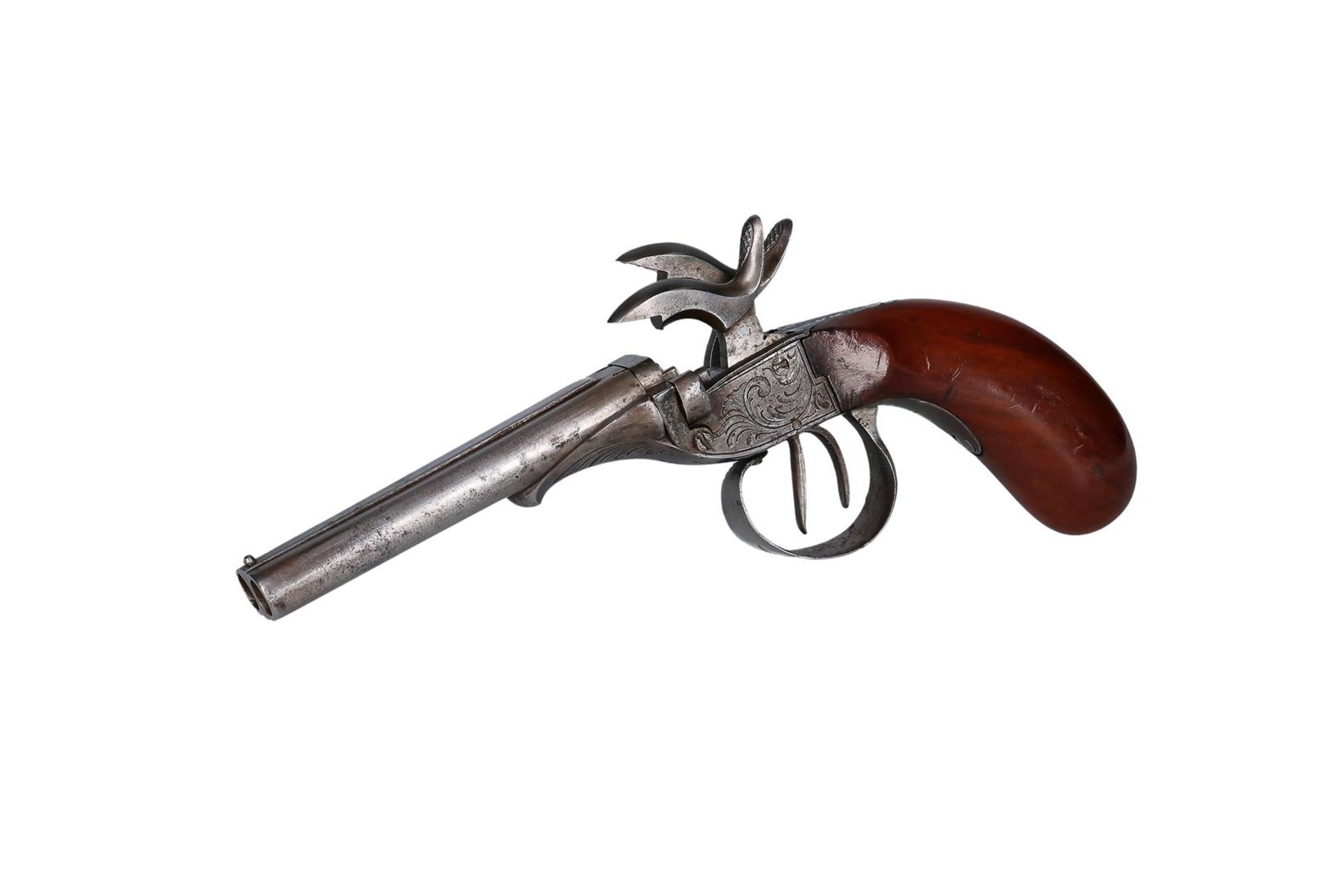 A pinfire side by side double barreled pistol. Boxlock frame with large size scroll engraving. - Image 8 of 9