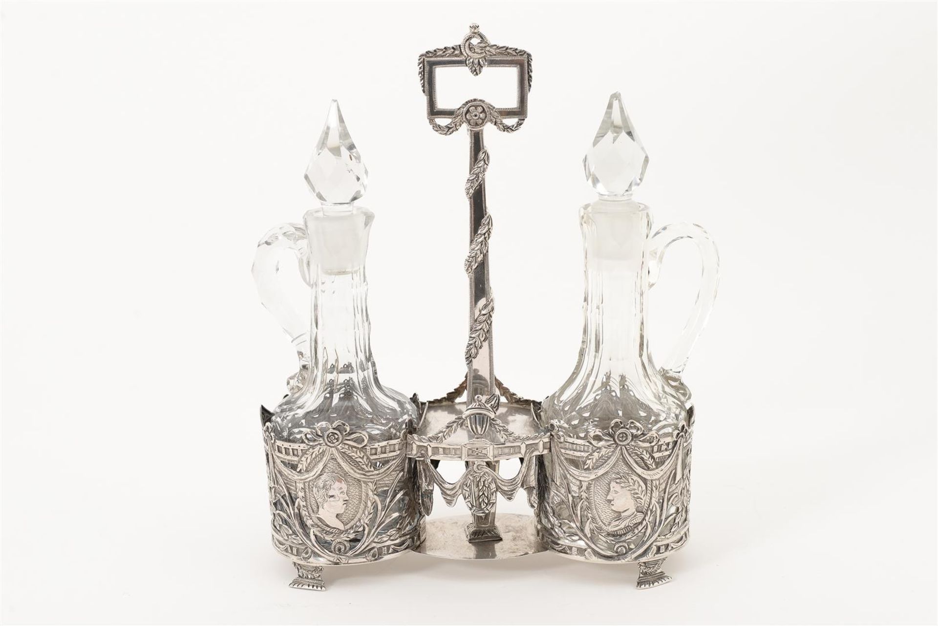 A silver oil and vinegar set with original crystal carafes. Marked with maker's mark, Lucas Oling, - Image 4 of 8