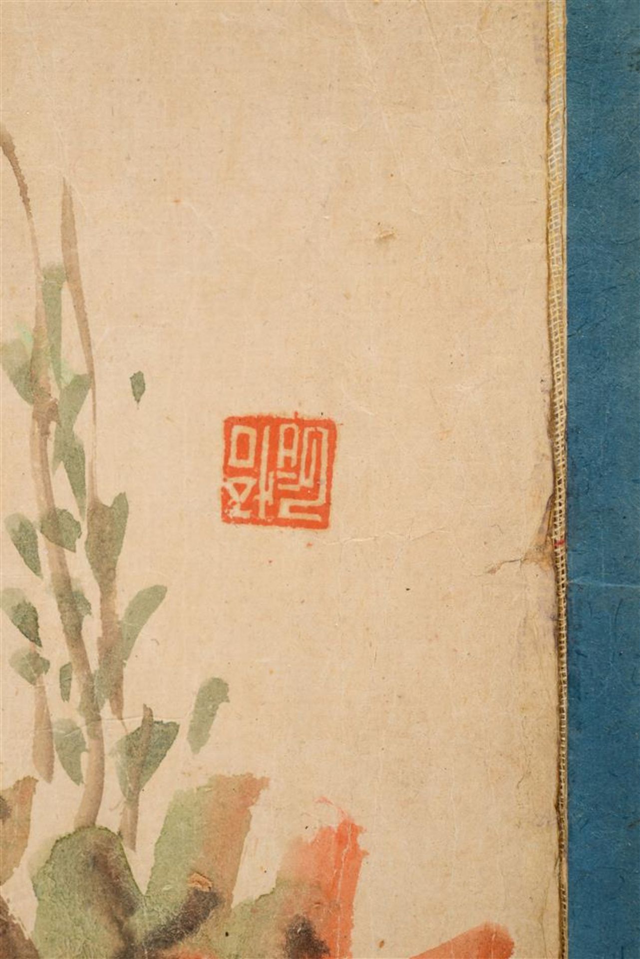 A scroll depicting a bird on a branch, unrolling the scroll it reveals a stamp case with colored ink - Image 4 of 5
