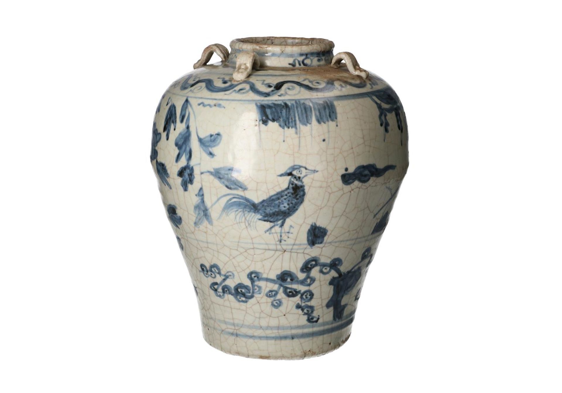 A blue and white Swatow porcelain martaban jar with four grips, decorated with flowers and - Image 4 of 6