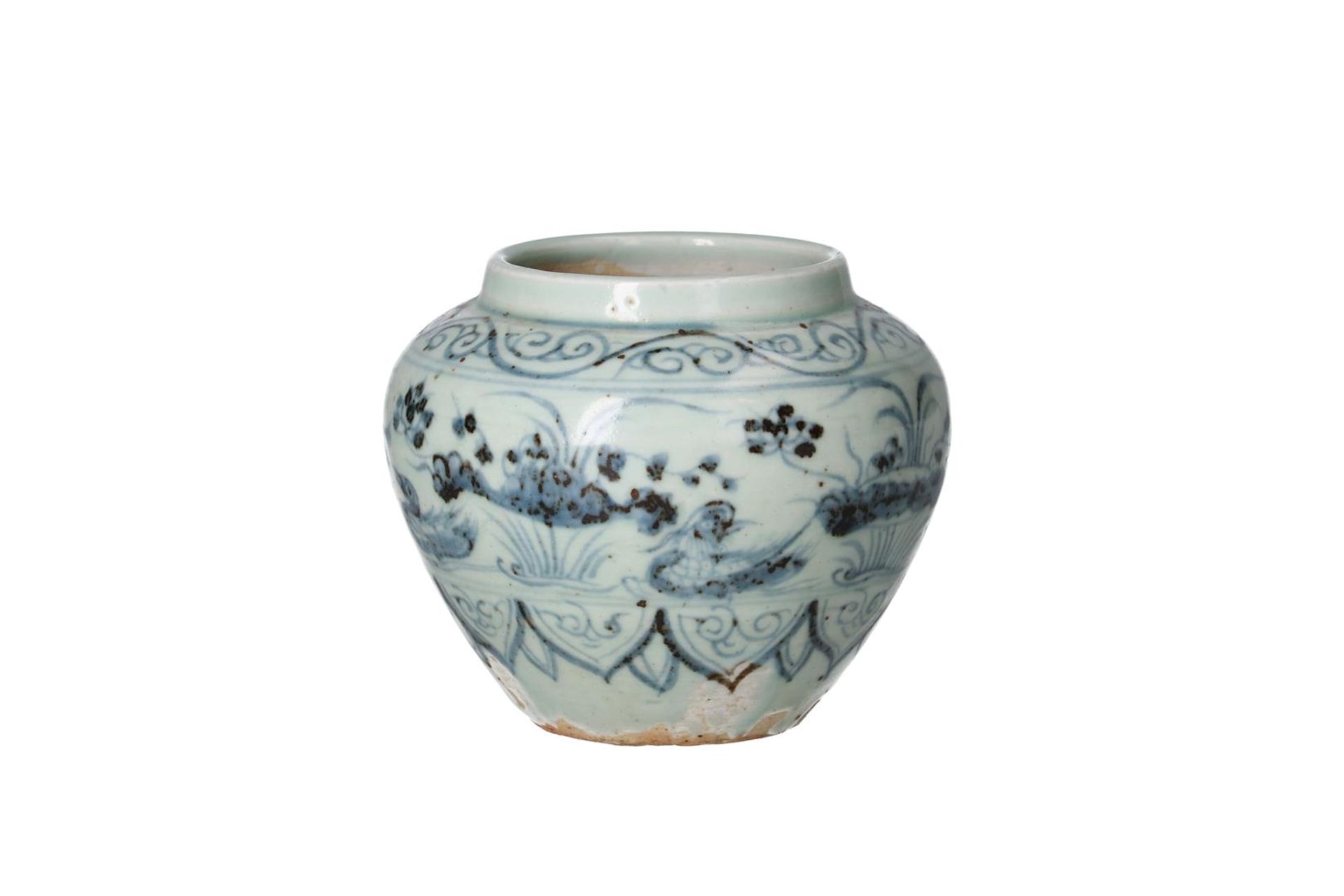 A blue and white porcelain jar, decorated with mandarin ducks and water plants. Unmarked. China, - Image 4 of 6