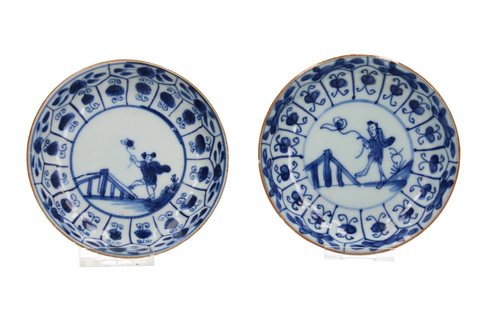 A set of nine blue and white porcelain cups and saucers decorated with a little boy with a blossom - Image 6 of 8