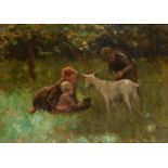 Jacob Simon Hendrik Kever (1854-1922) 'Three children with a goat in an orchard', signed lower
