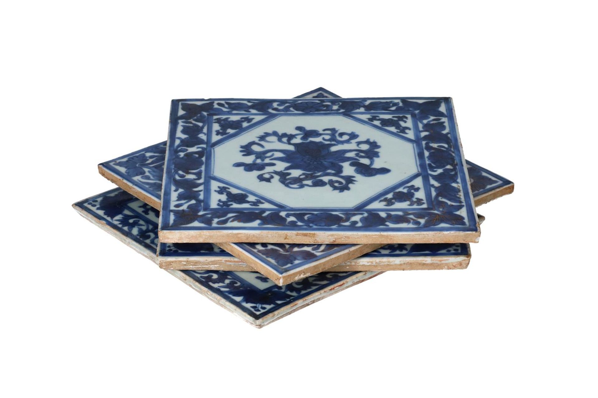 A pair of two blue and white porcelain tiles, decorated with flowers. Added a pair of two blue and - Image 10 of 10