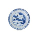 A blue and white porcelain dish, decorated with two reading monks in a mountainous landscape.