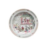 A famille rose porcelain deep charger, decorated with figures and horsemen. Unmarked. China, 18th/