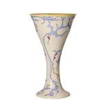 'Spichtig', a diabolo shaped glazed earthenware vase. Decorated with a whimsical design in sky blue,