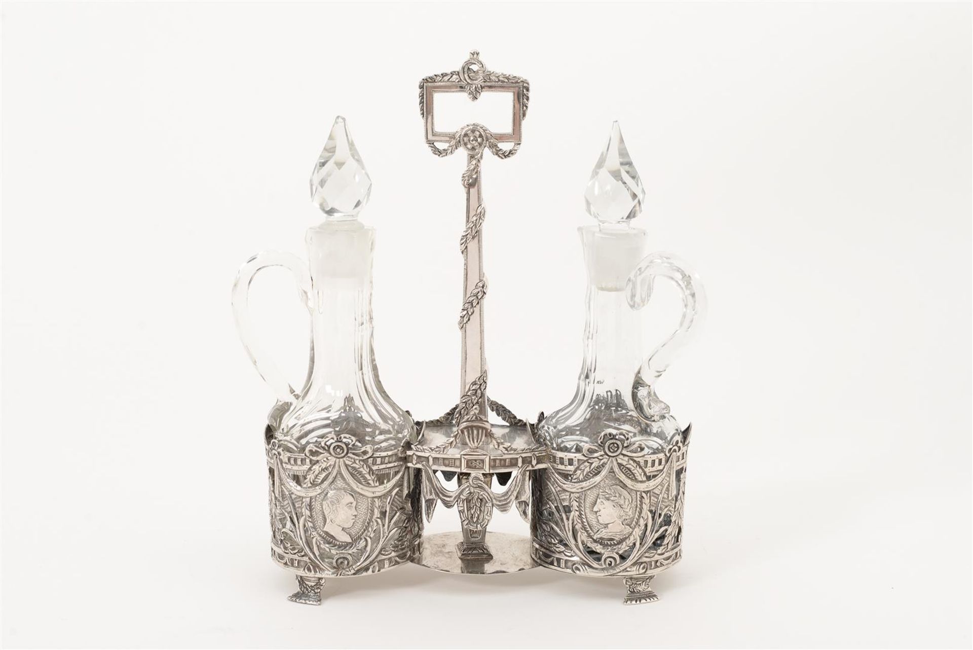 A silver oil and vinegar set with original crystal carafes. Marked with maker's mark, Lucas Oling, - Image 3 of 8