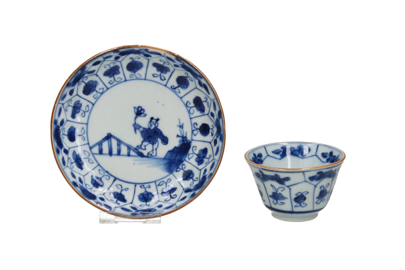 A set of nine blue and white porcelain cups and saucers decorated with a little boy with a blossom - Image 2 of 8