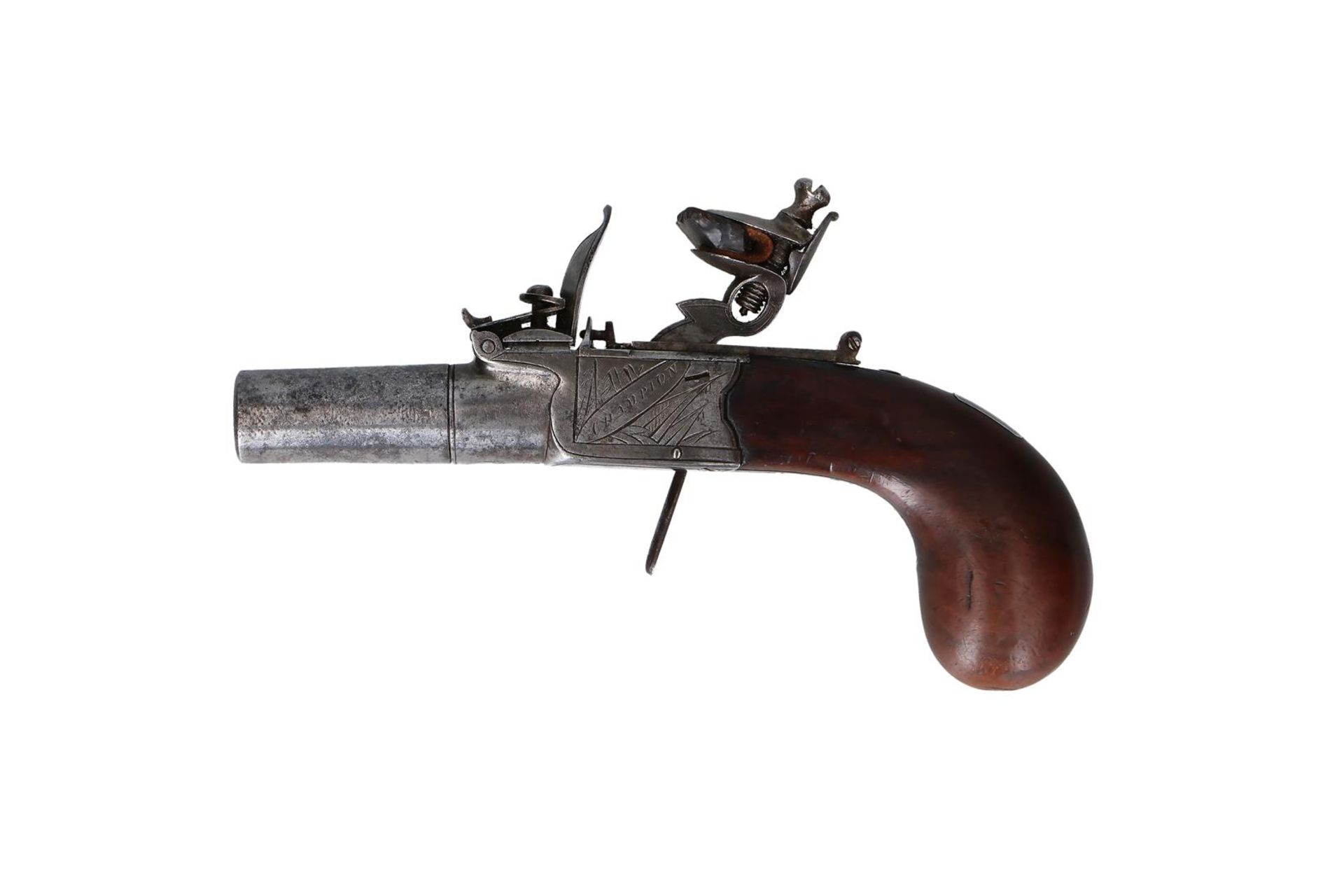 A boxlock flintlock pocket pistol with screw off barrel. Signed Champion on left side of the frame - Image 2 of 9