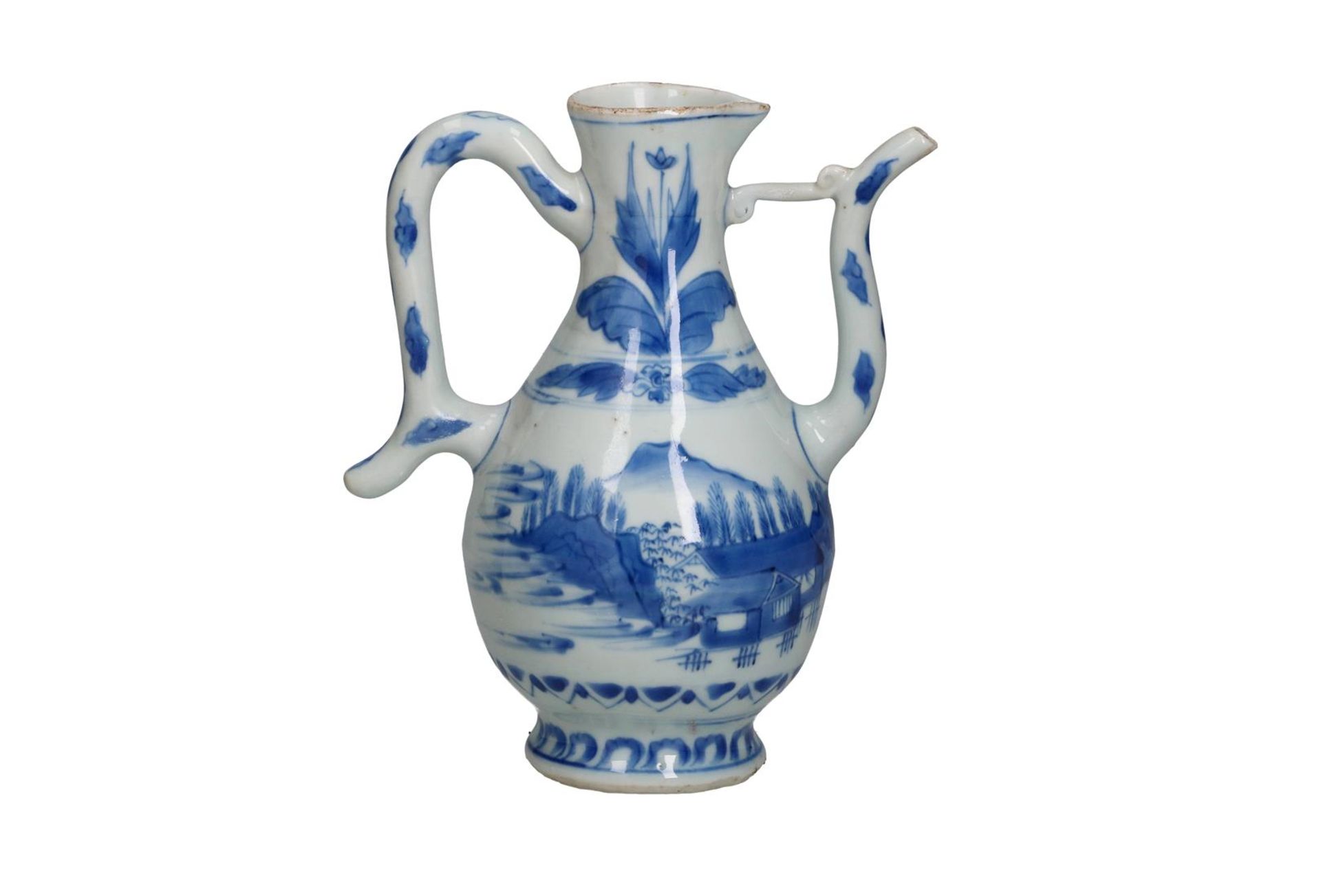 A blue and white porcelain jug with a landscape decoration. Unmarked. China, Transition. H. 20 cm. - Image 5 of 8