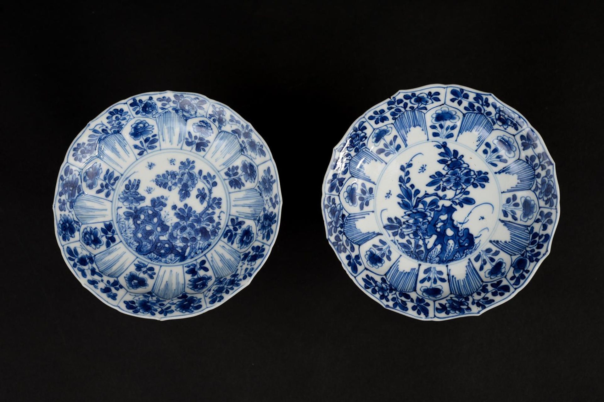 A set of six blue and white porcelain cups and saucers with a decoration of lotus in relief and a - Image 5 of 8