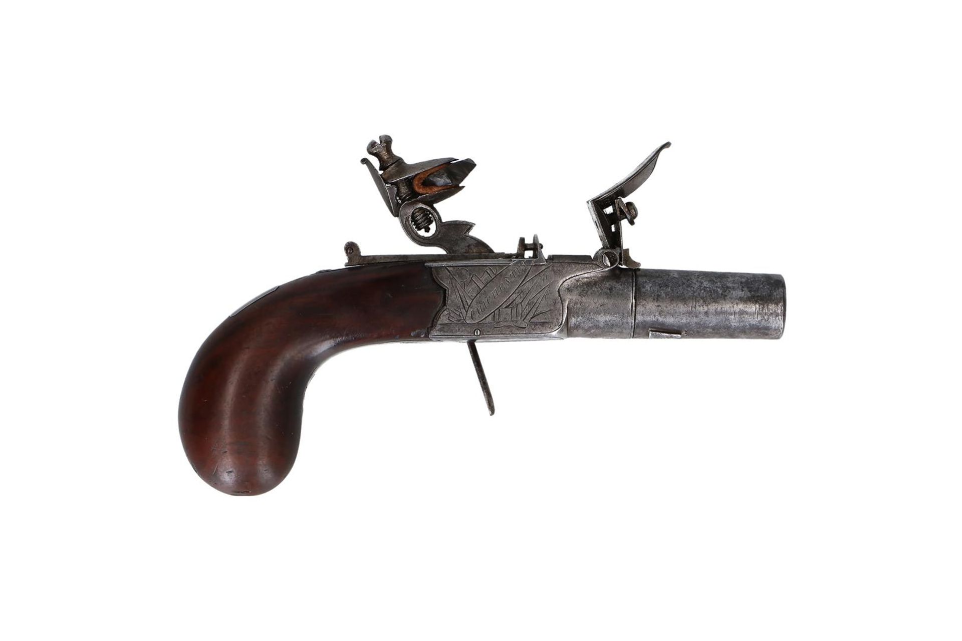 A boxlock flintlock pocket pistol with screw off barrel. Signed Champion on left side of the frame - Image 3 of 9