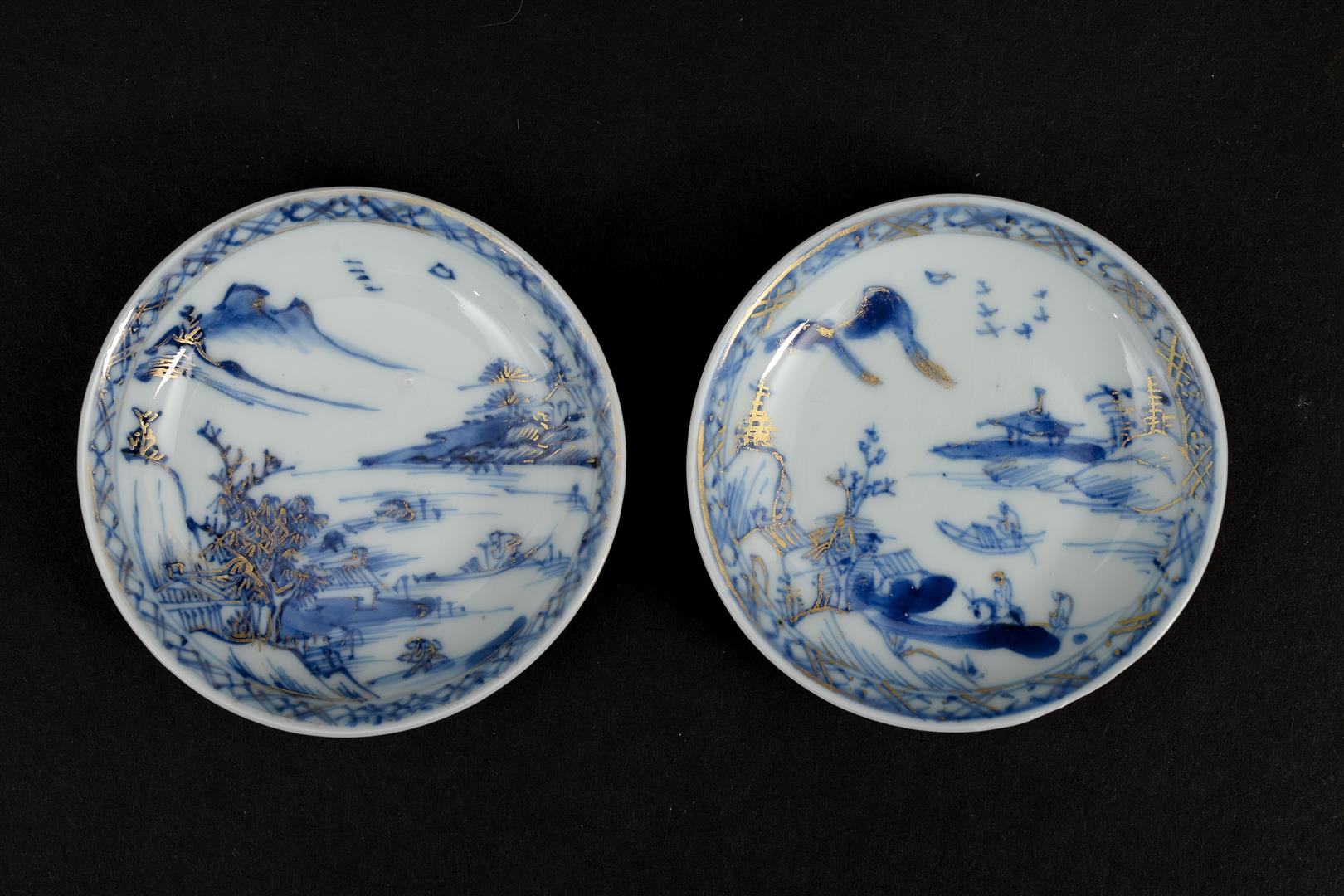 A set of five blue and white miniature porcelain cups and saucers decorated with a landscape decor - Image 2 of 6