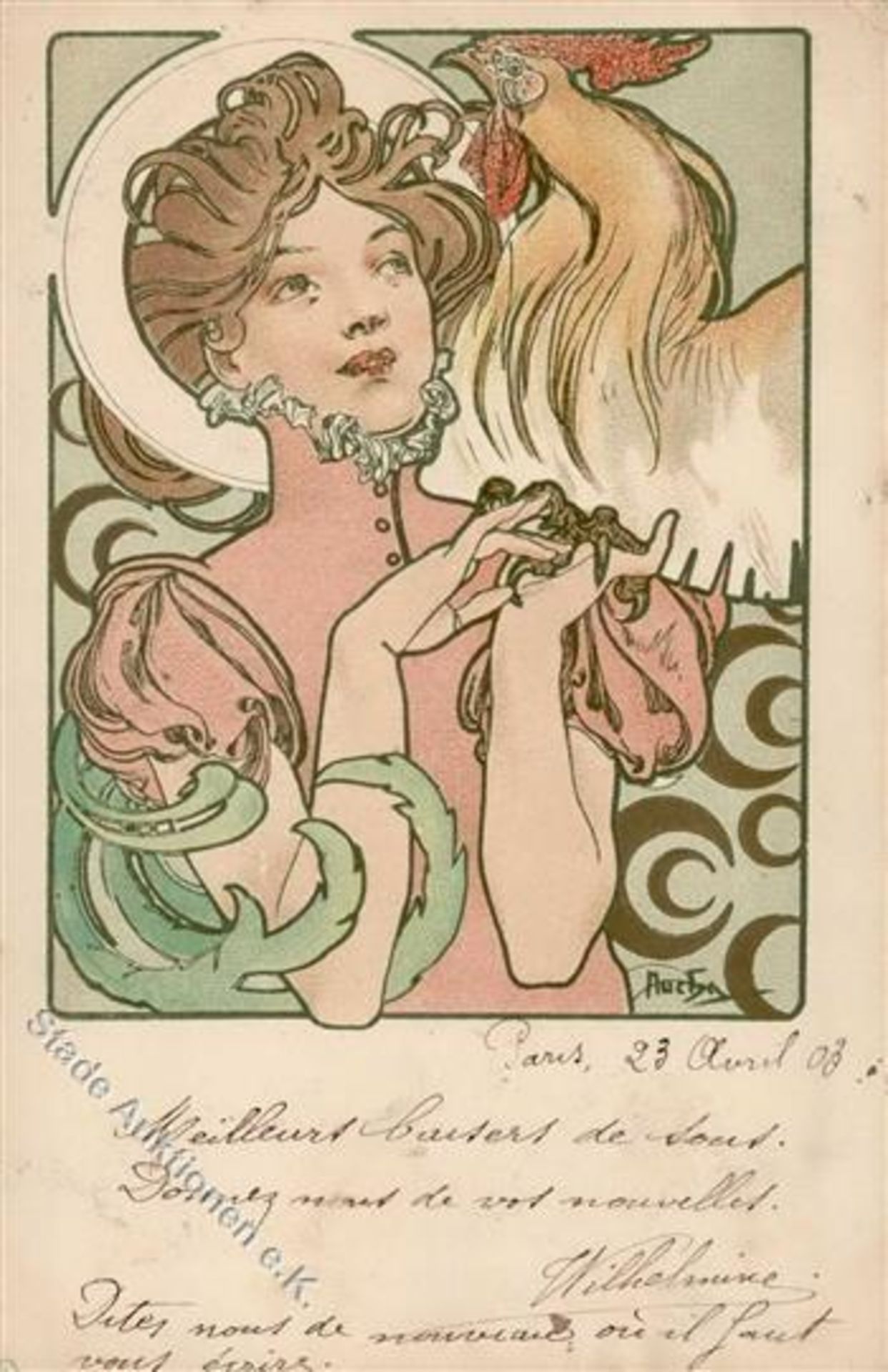 Mucha, Alfons Lady believed to be Sarah Bernhardt, in pink dress holds rooster 1903 I-II