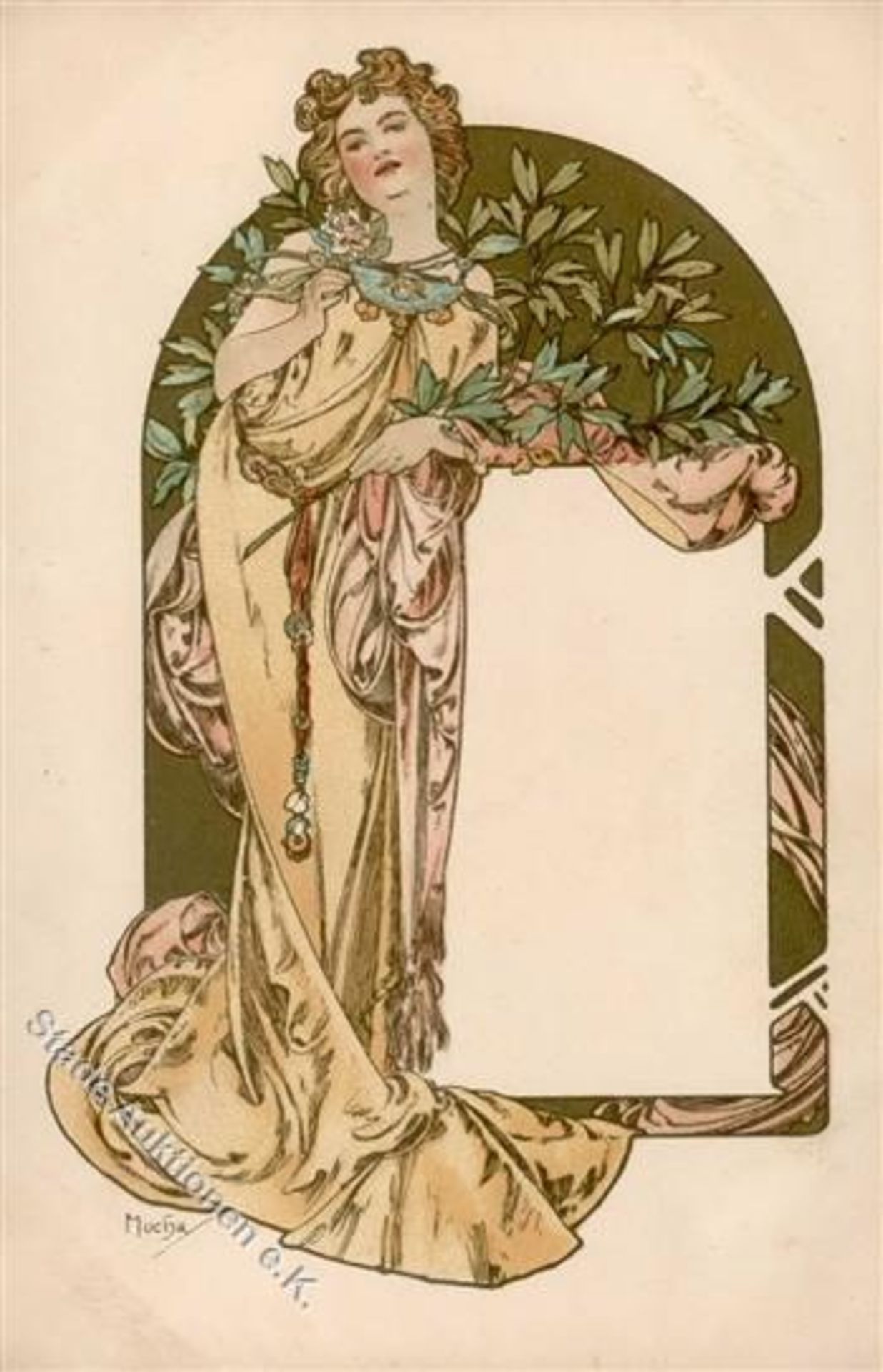 Mucha, Alfons Lady in gold dress with gilt arch in background I-II